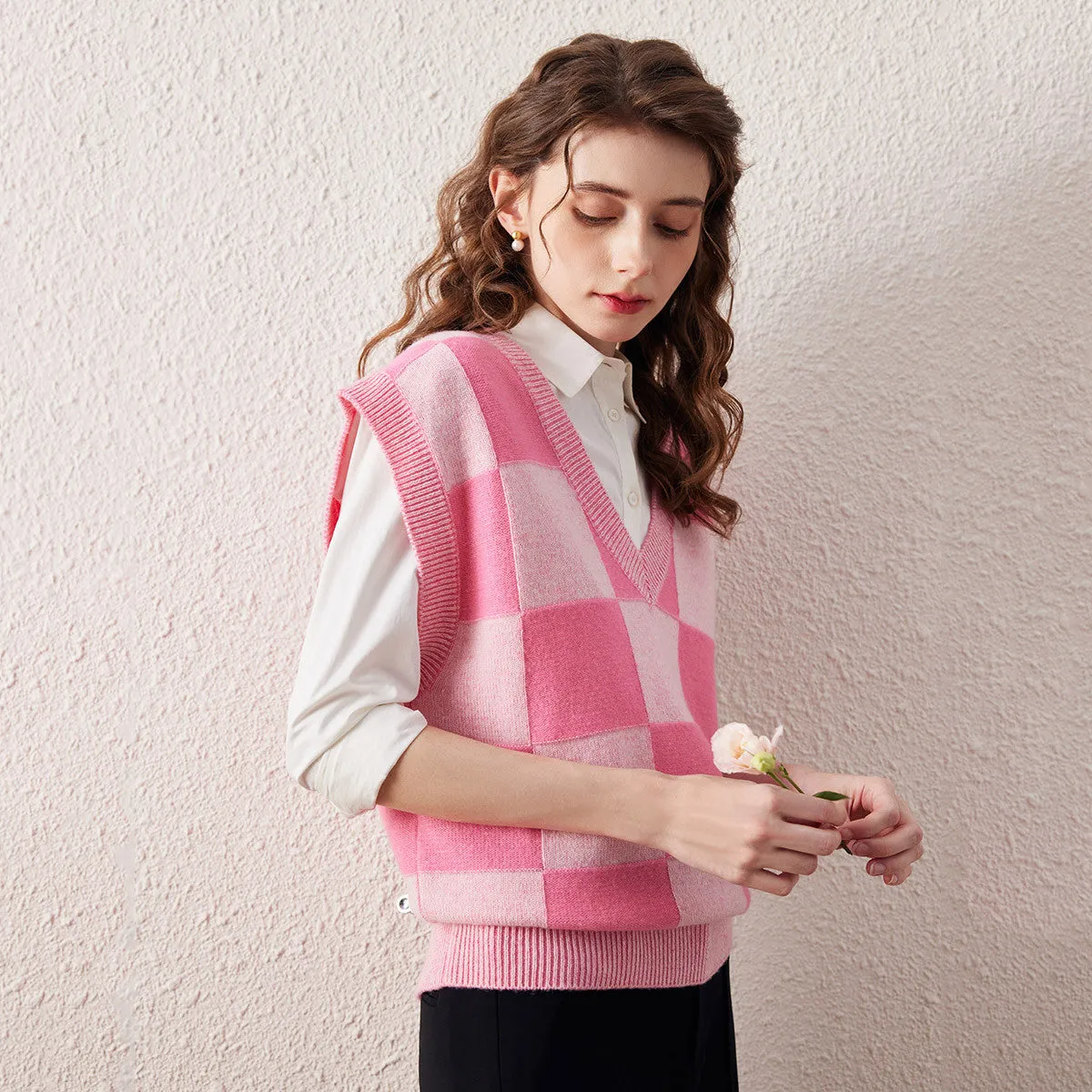 100% Wool Pink Checkered Knit Vest