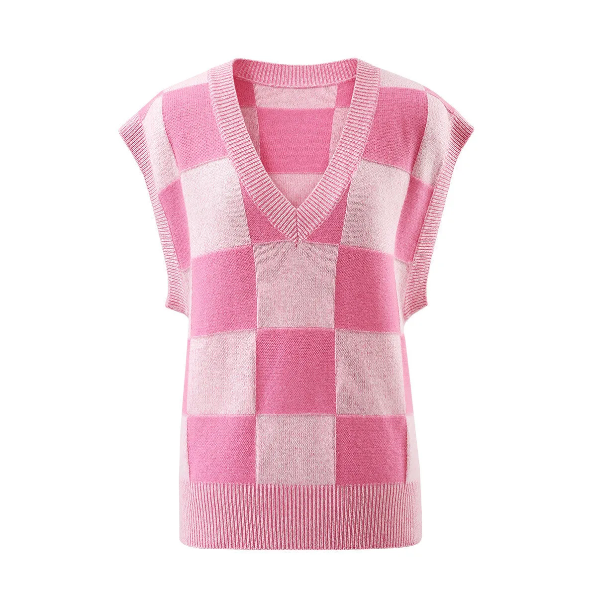 100% Wool Pink Checkered Knit Vest