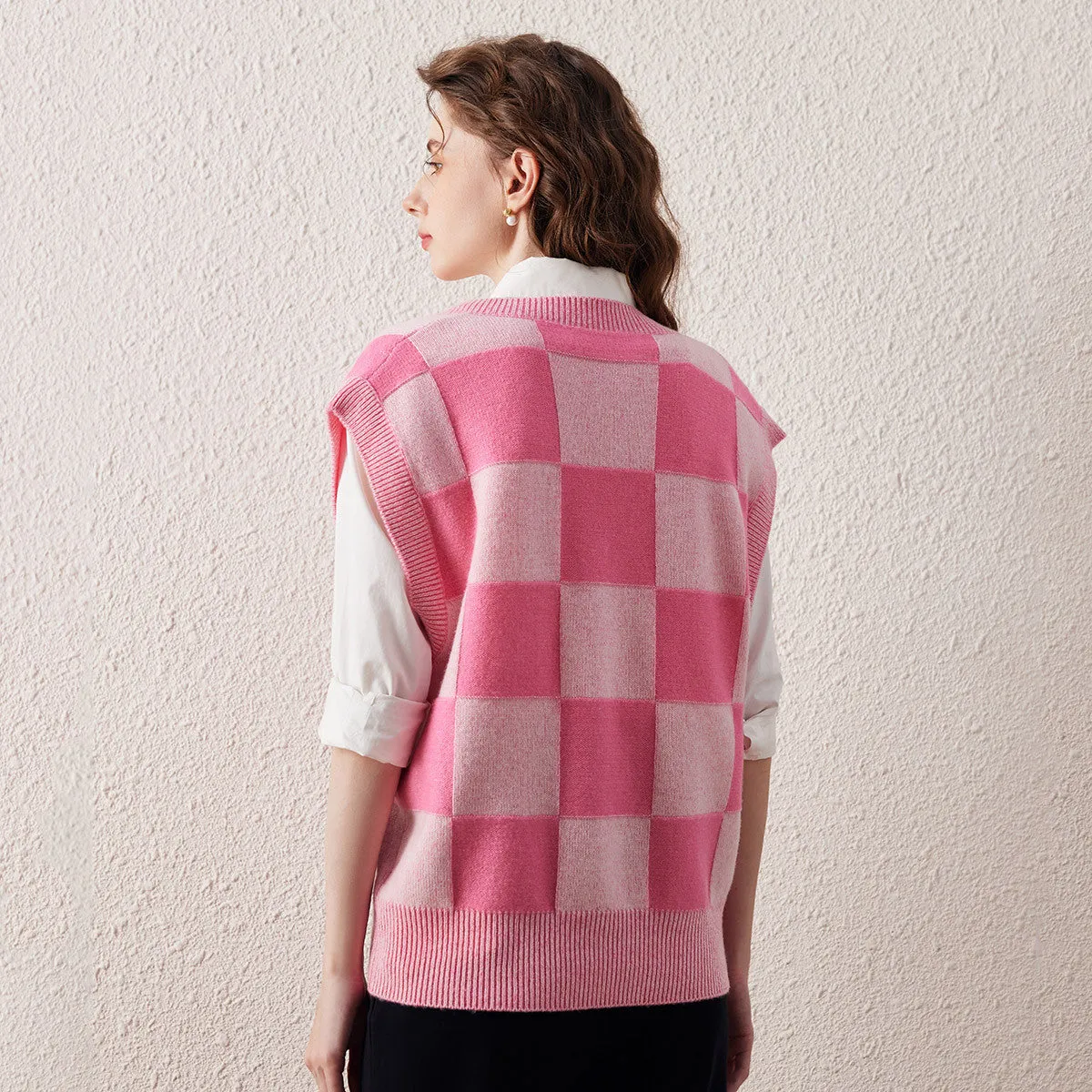 100% Wool Pink Checkered Knit Vest