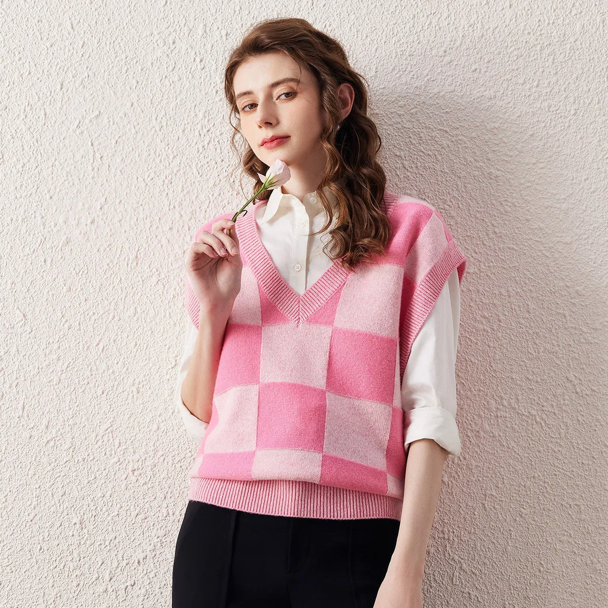 100% Wool Pink Checkered Knit Vest