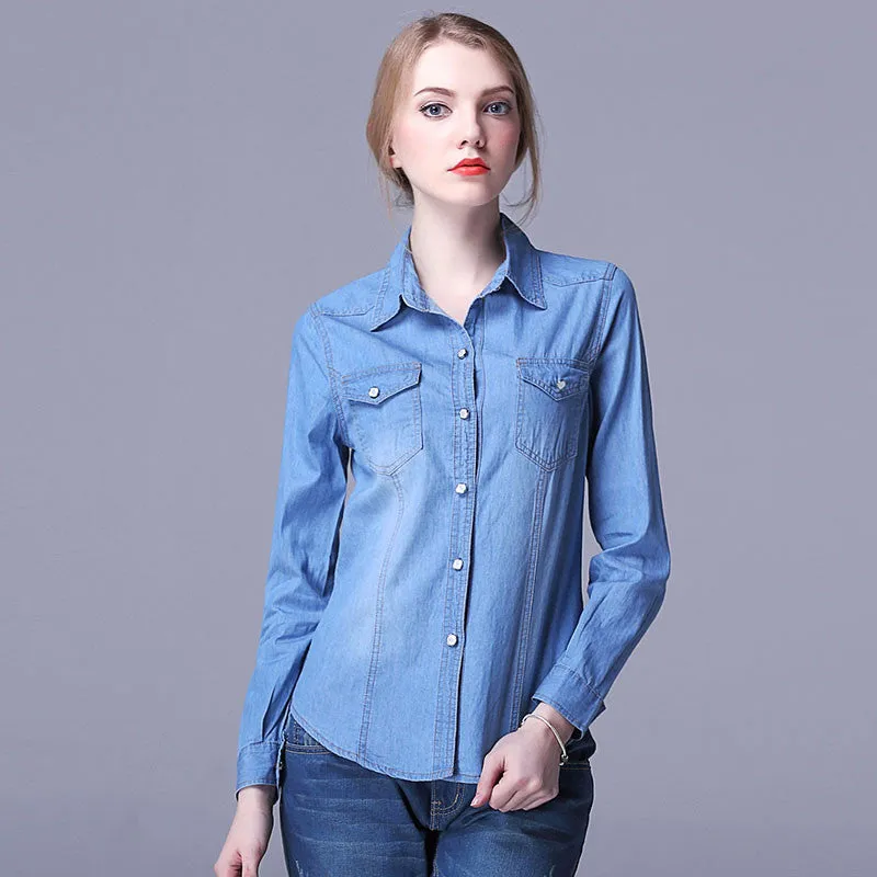 2016 New Denim Shirt Women Long Sleeve Turn-Down Collar Blouse Women Jeans Female Blue Jean Shirt Fashion Female Clothes WE249