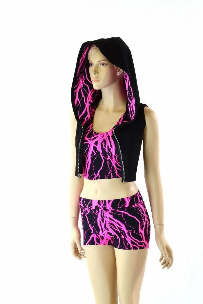 3PC Pink Lightning Hoodie, Crop and Shorts Set