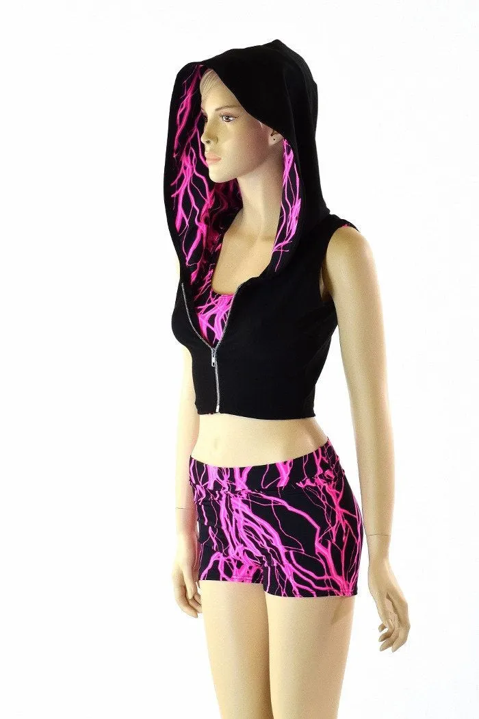 3PC Pink Lightning Hoodie, Crop and Shorts Set