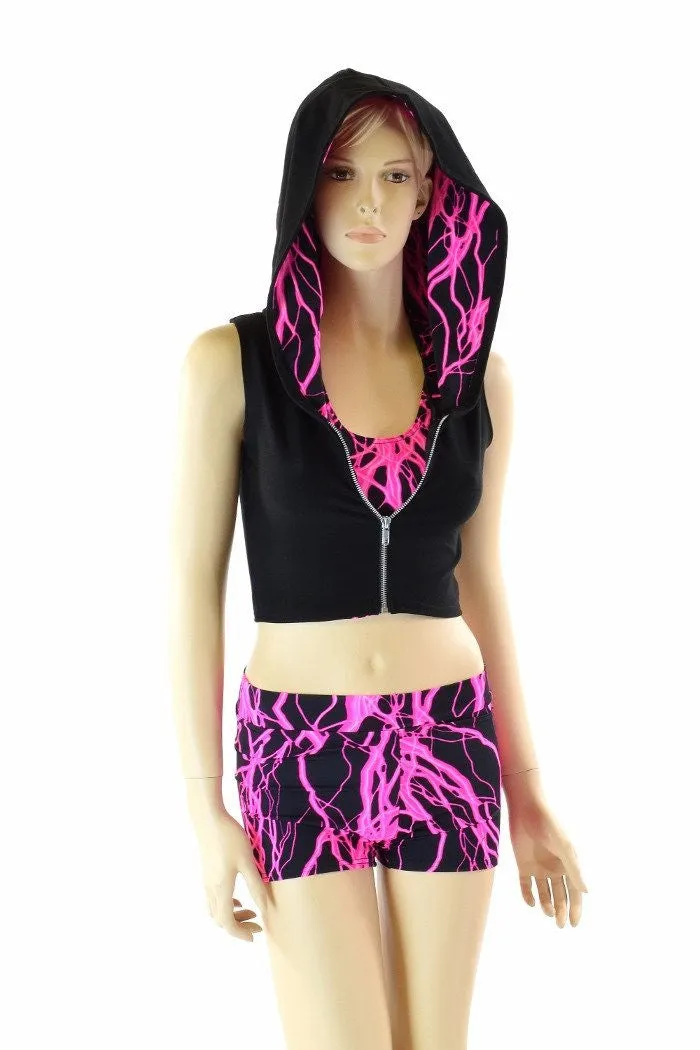 3PC Pink Lightning Hoodie, Crop and Shorts Set