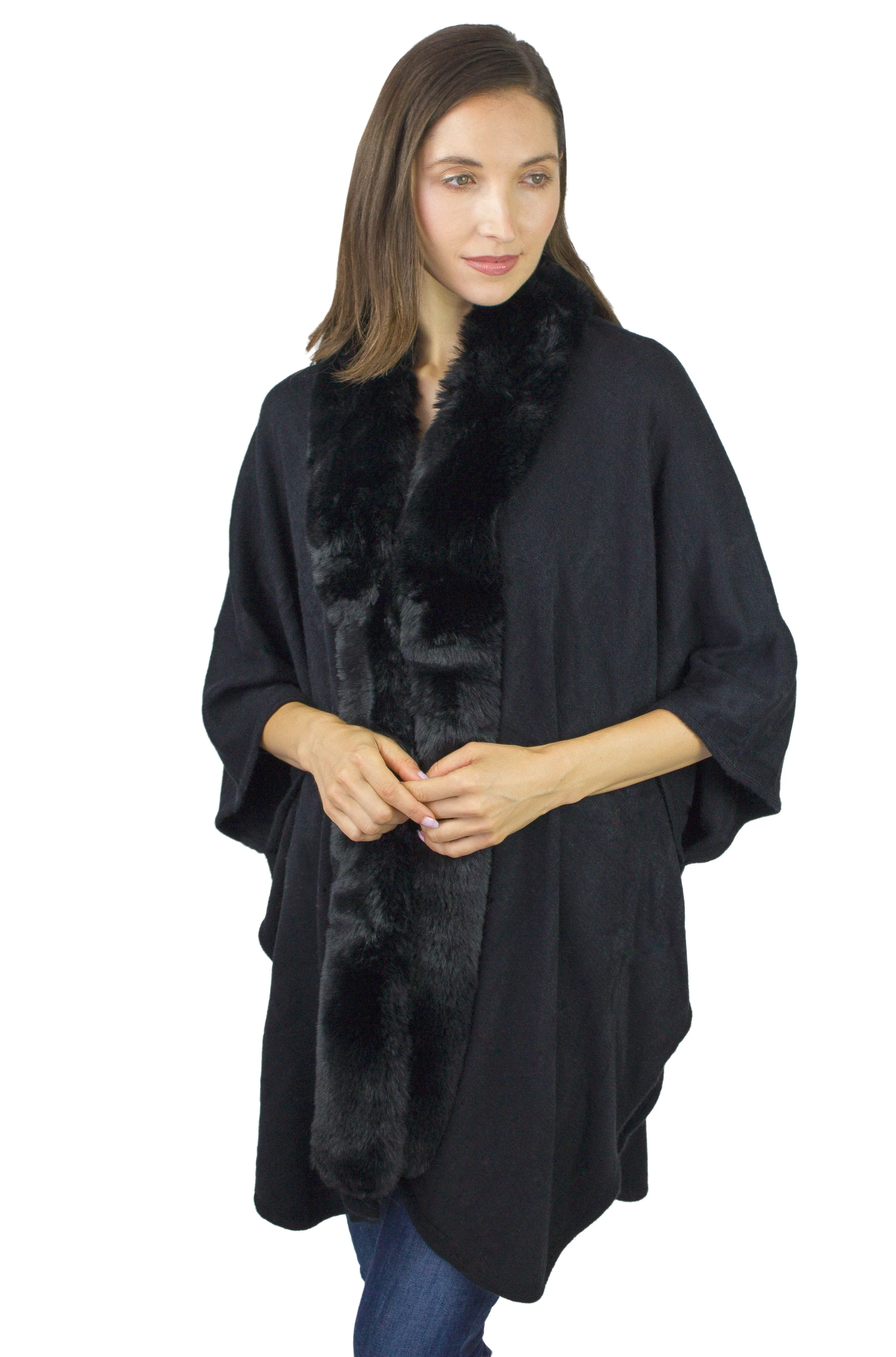 Adrienne Vittadini Knit Ruana With Faux Mink Collar Trim (AVK400S-BK/BK)