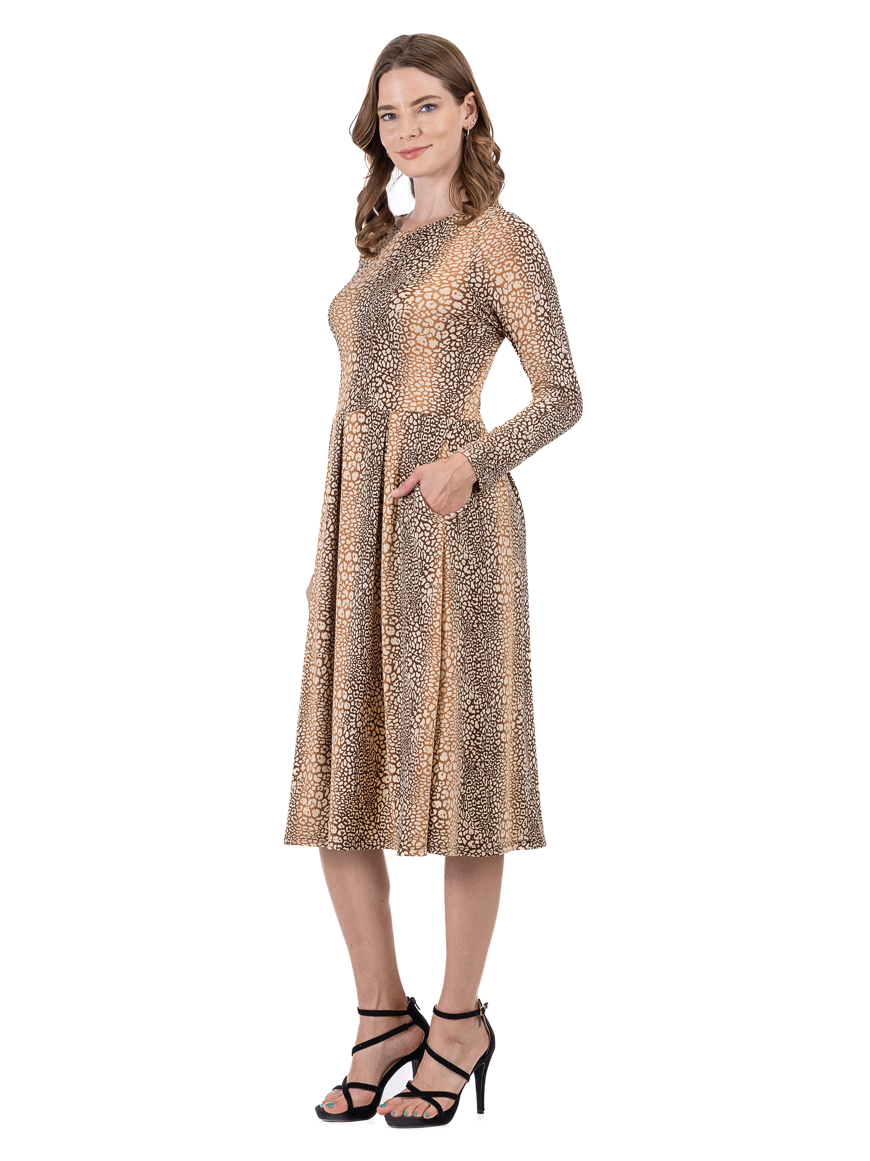 Animal Print Long Sleeve Pleated Midi Dress with Pockets