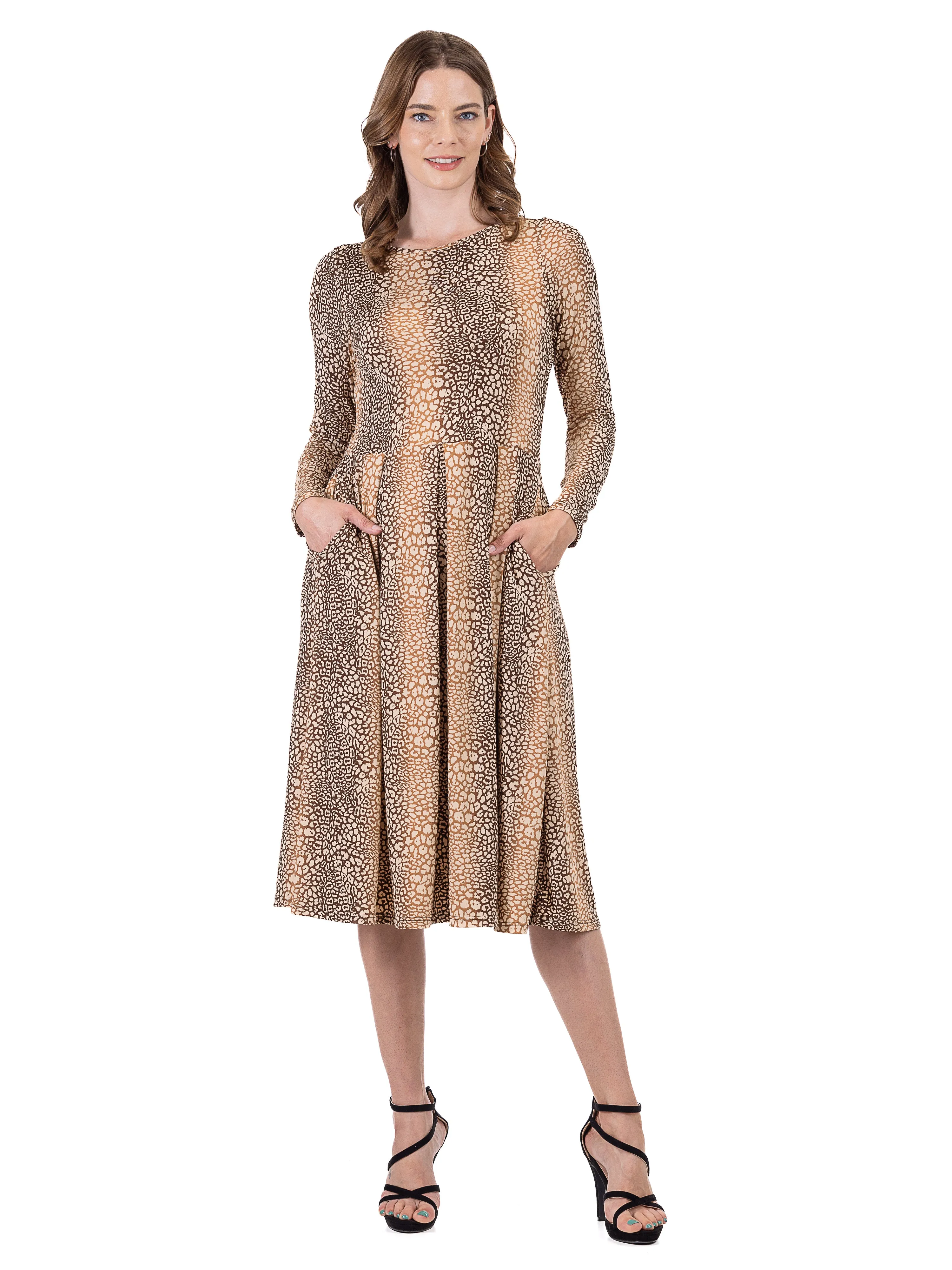 Animal Print Long Sleeve Pleated Midi Dress with Pockets