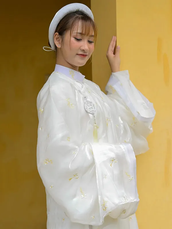 Ao Dai Vietnam Embroidery Cream Ao Dai Top And Headband No Pants