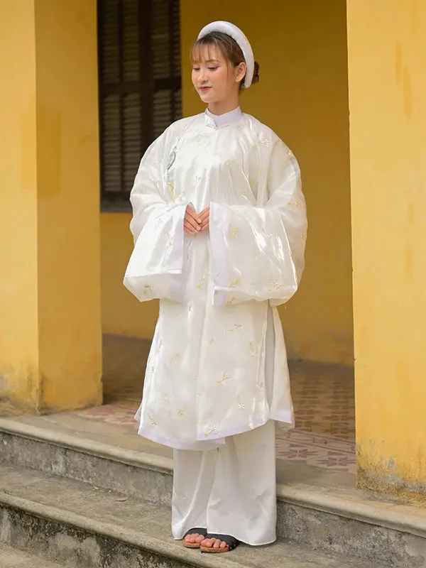 Ao Dai Vietnam Embroidery Cream Ao Dai Top And Headband No Pants