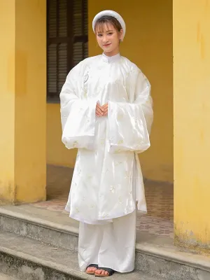 Ao Dai Vietnam Embroidery Cream Ao Dai Top And Headband No Pants