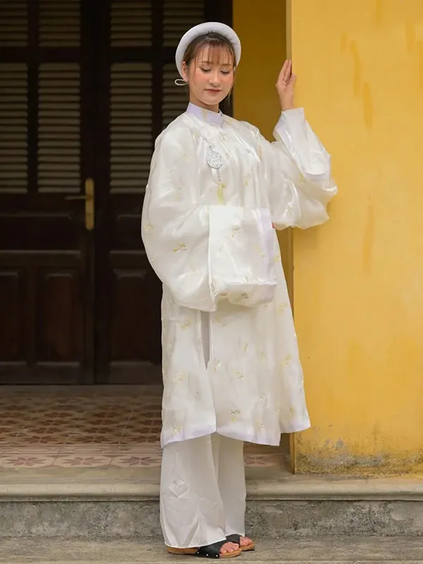 Ao Dai Vietnam Embroidery Cream Ao Dai Top And Headband No Pants