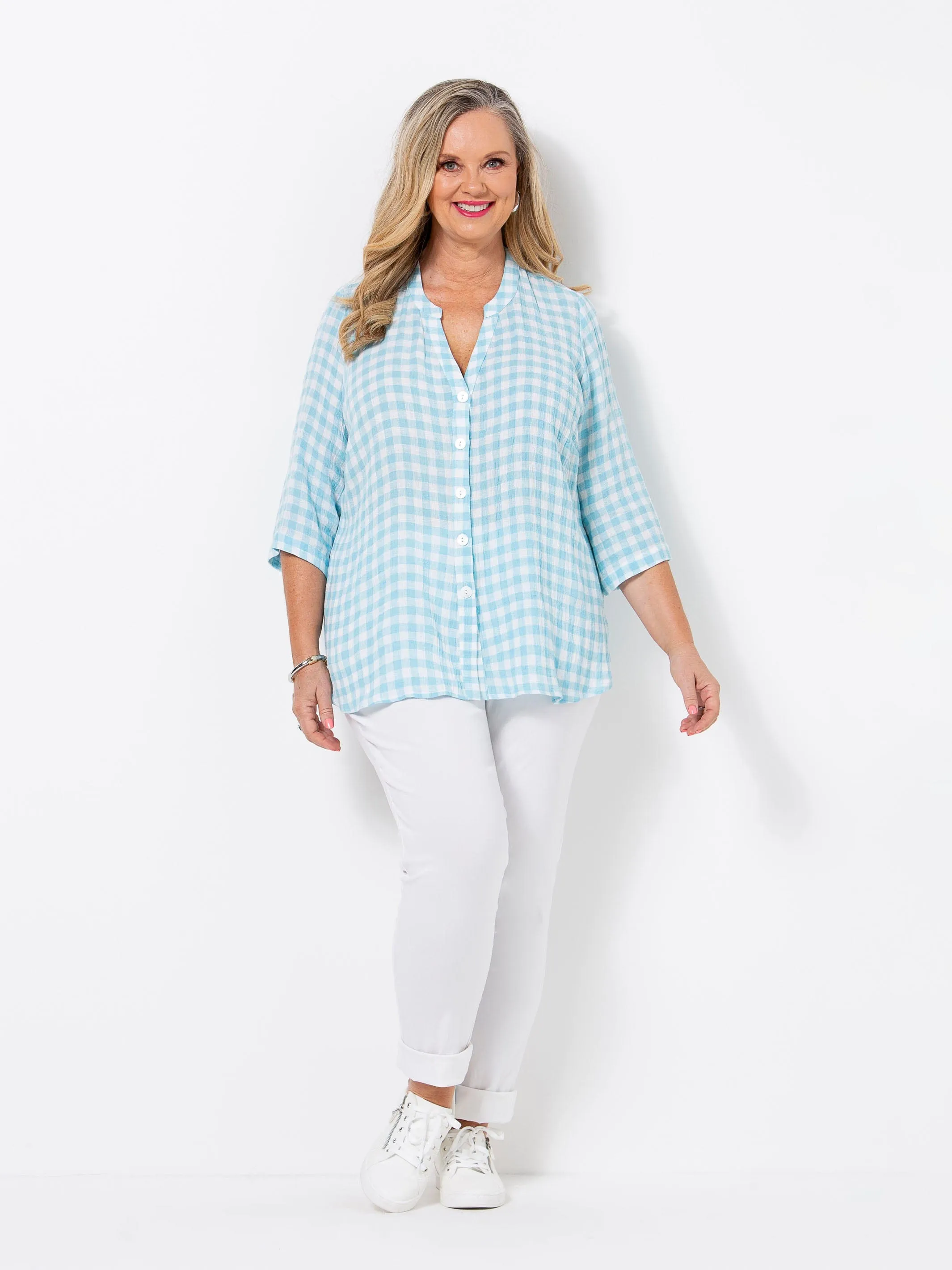 Aqua Gingham Crinkle Linen Shirt