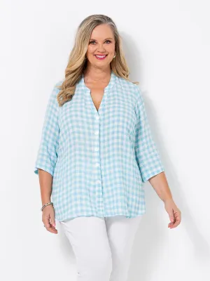 Aqua Gingham Crinkle Linen Shirt