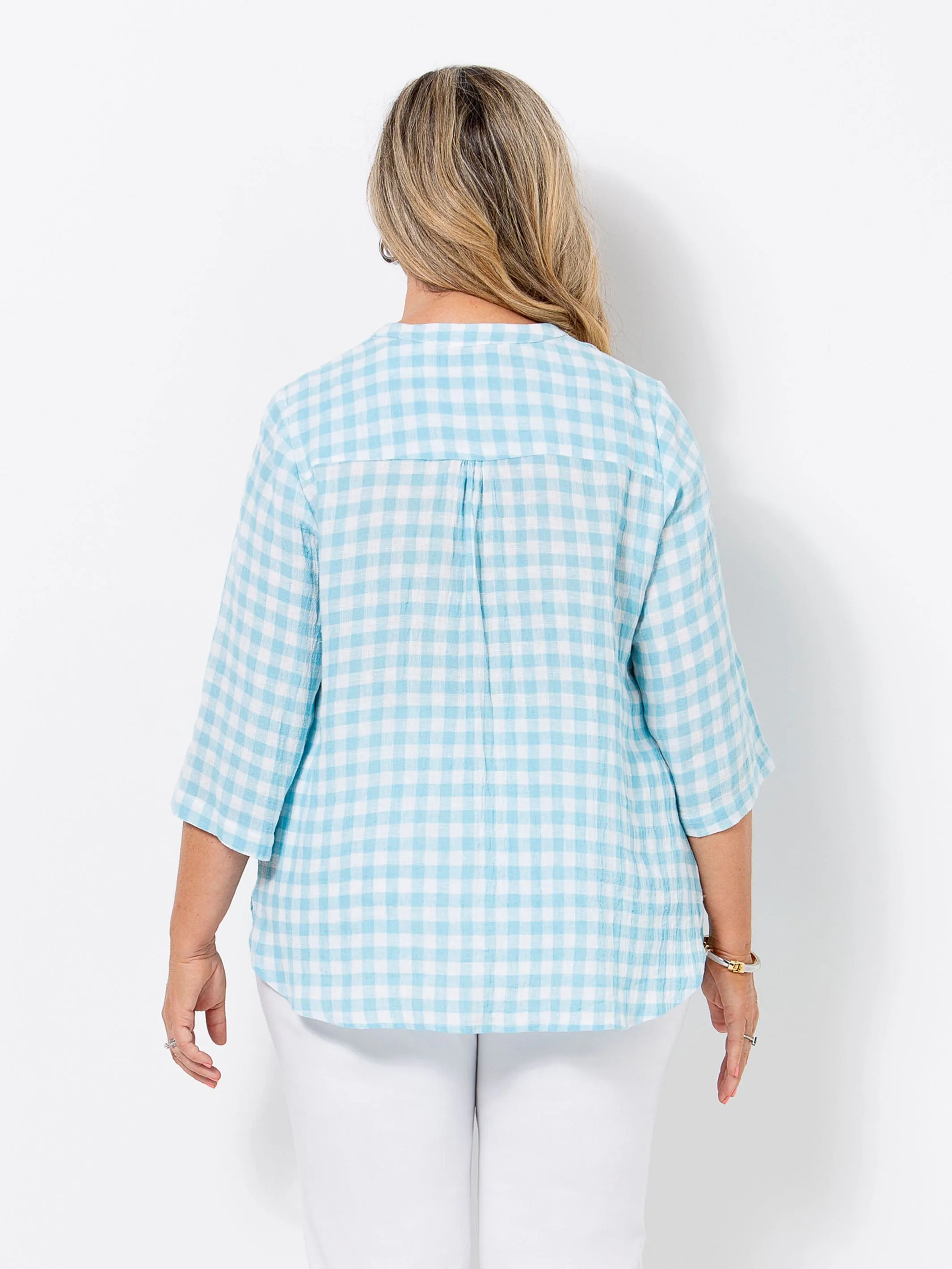 Aqua Gingham Crinkle Linen Shirt