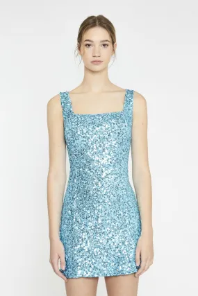 Aquamarine-Sequin Square-Neck Mini-Dress