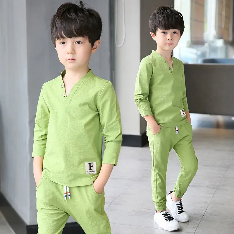 Autumn Style New Boy Cotton-padded Long Sleeve Children's  Wear V Collar Pure Cotton and Linen Two-piece Suit 4-12 Ages Clothes