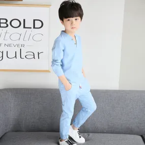 Autumn Style New Boy Cotton-padded Long Sleeve Children's  Wear V Collar Pure Cotton and Linen Two-piece Suit 4-12 Ages Clothes