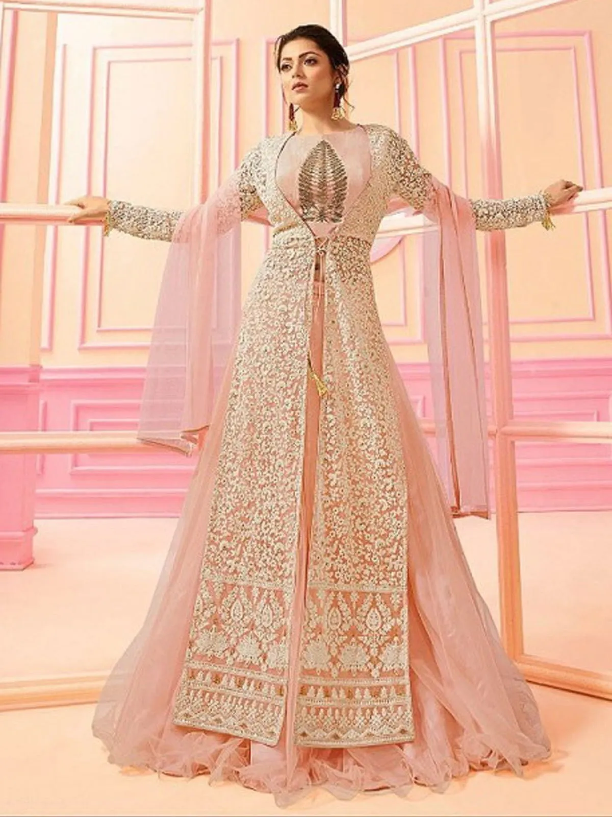 Baby Pink With Beige Jacket Detail Embroidered Kaliyaari Lehenga Suit