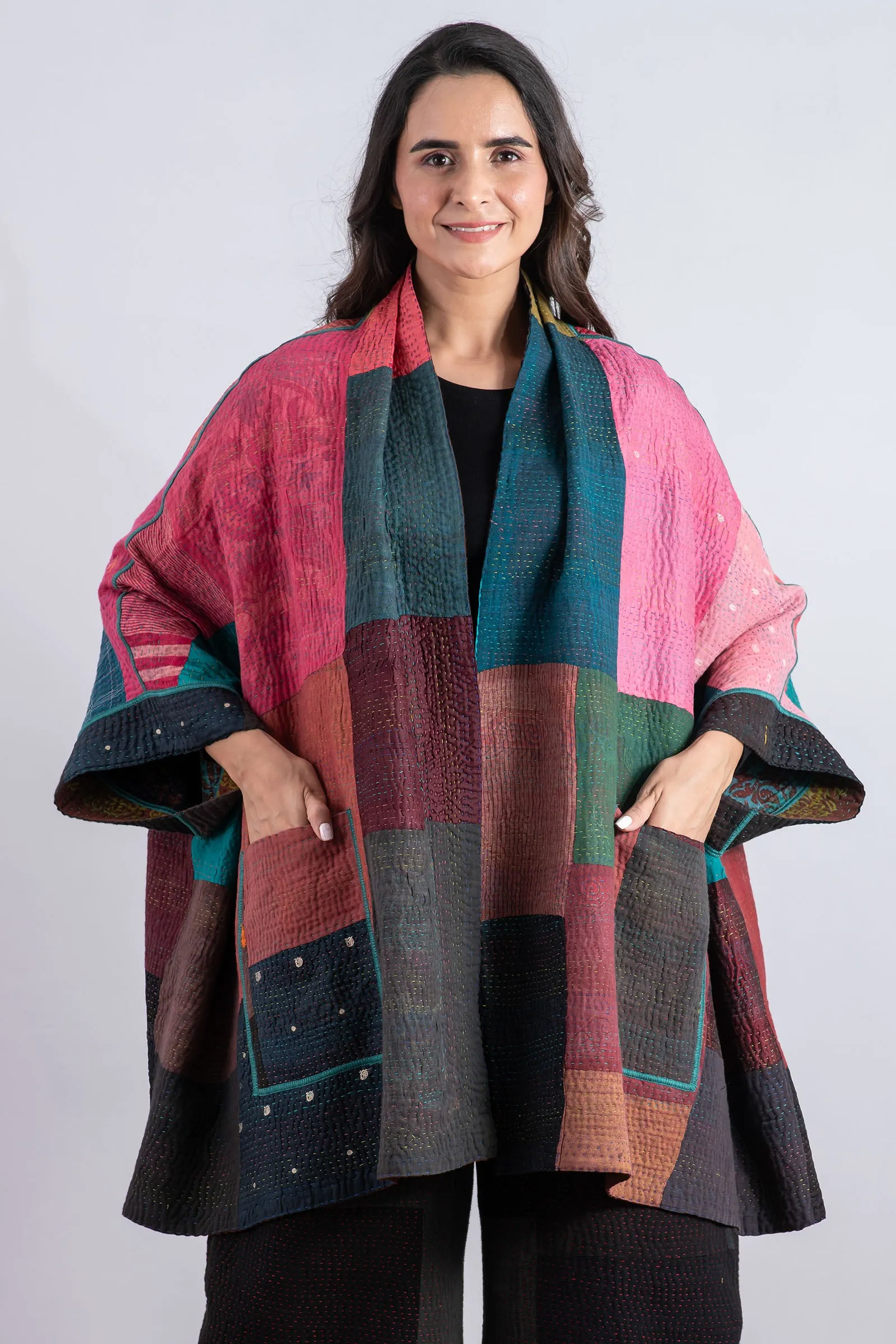 BAGH PRINT KANTHA DOUBLE COLLAR PONCHO