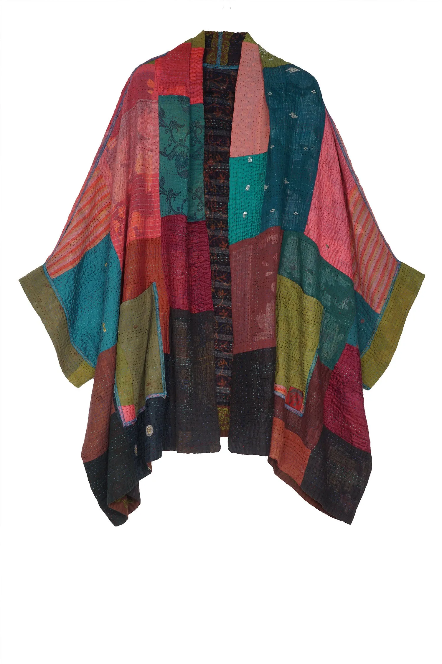 BAGH PRINT KANTHA DOUBLE COLLAR PONCHO