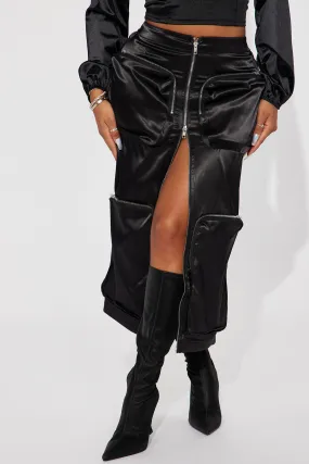 Bailey Satin Cargo Midi Skirt - Black