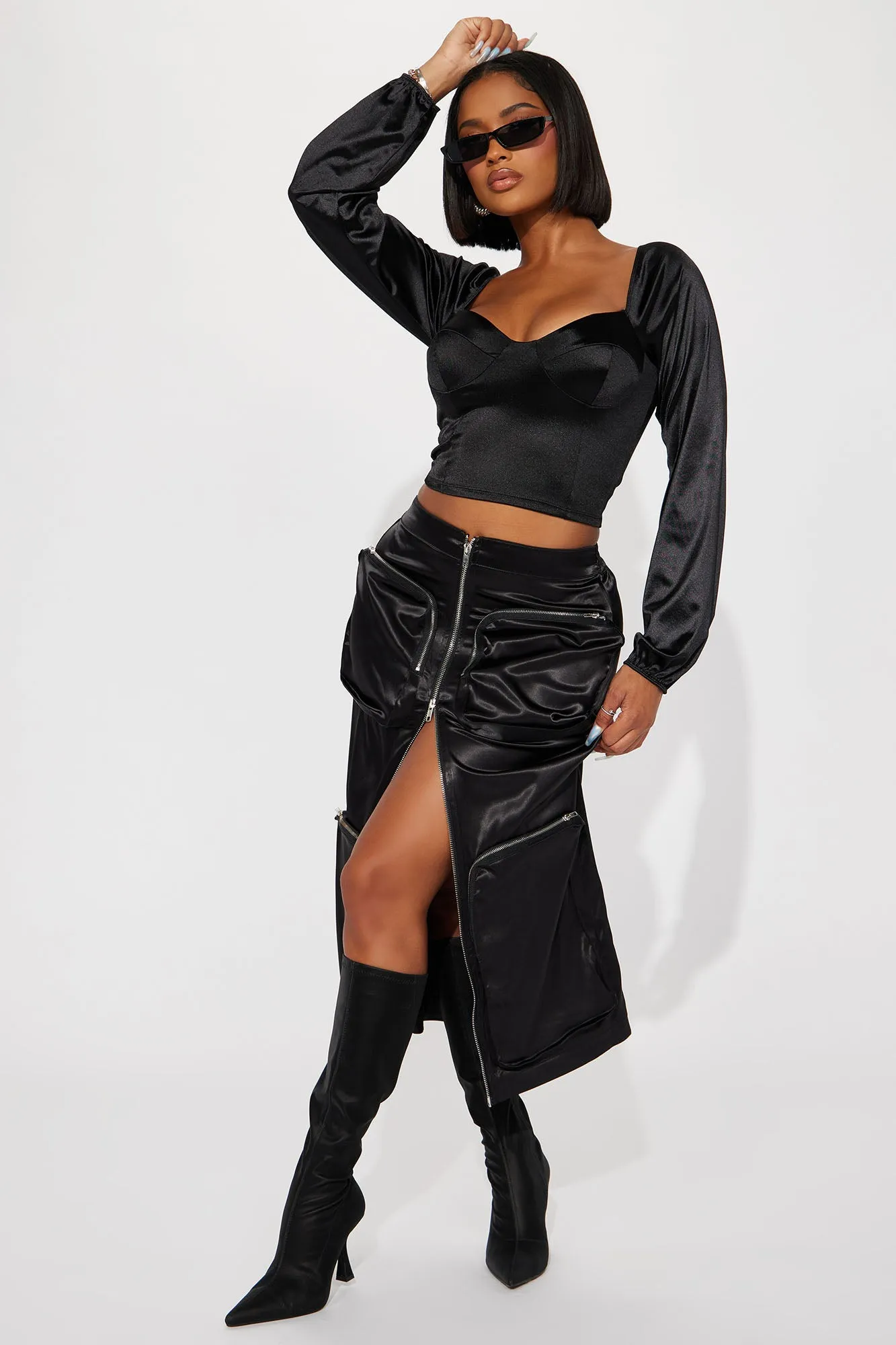 Bailey Satin Cargo Midi Skirt - Black