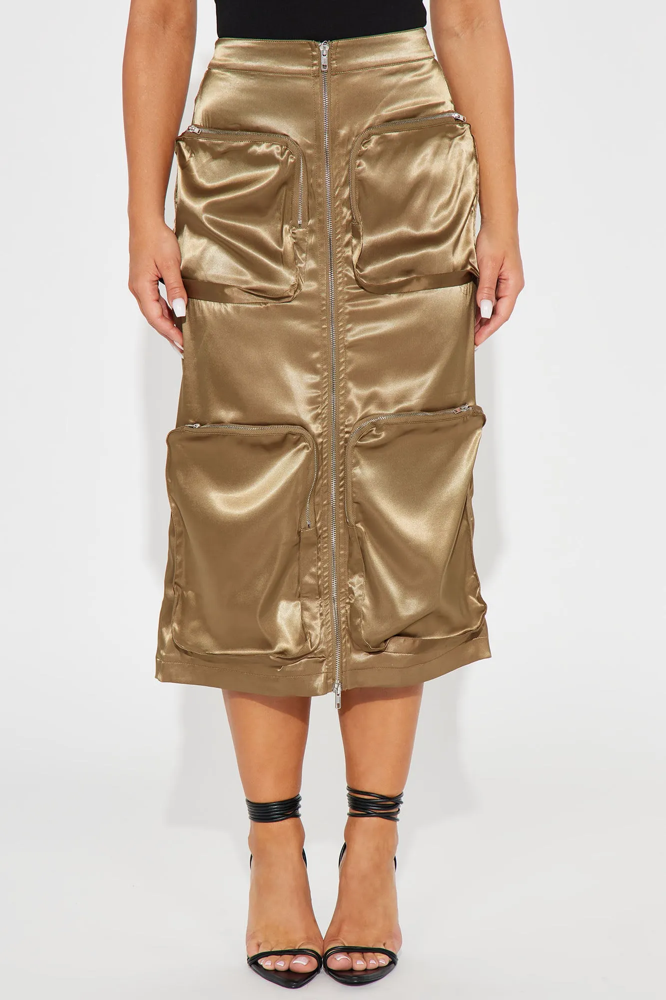 Bailey Satin Cargo Midi Skirt - Olive