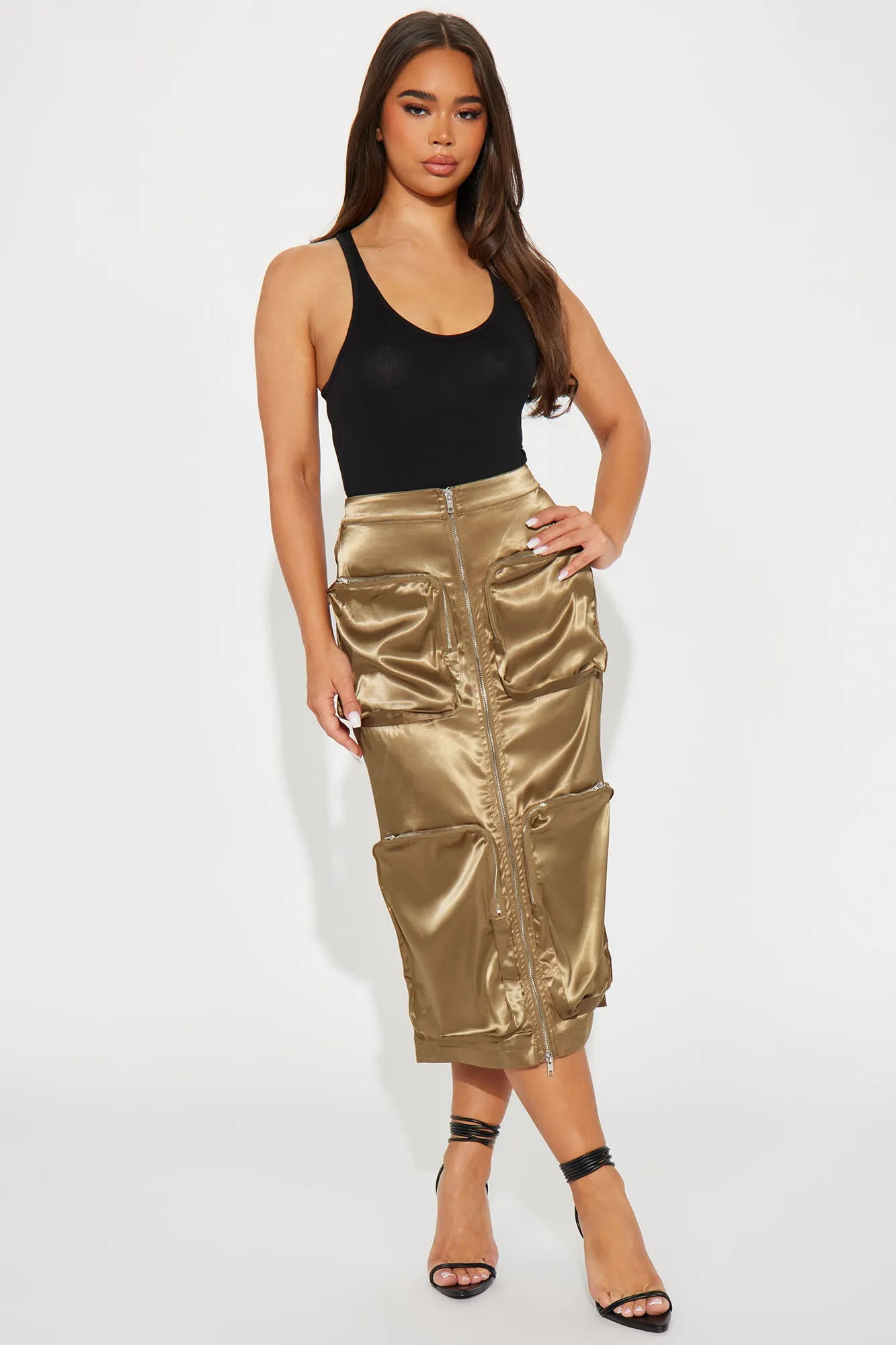 Bailey Satin Cargo Midi Skirt - Olive