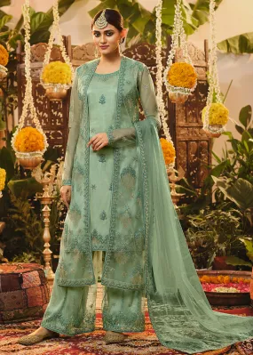 Beautiful Sea Green Embroidered Designer Jacket Style Suit