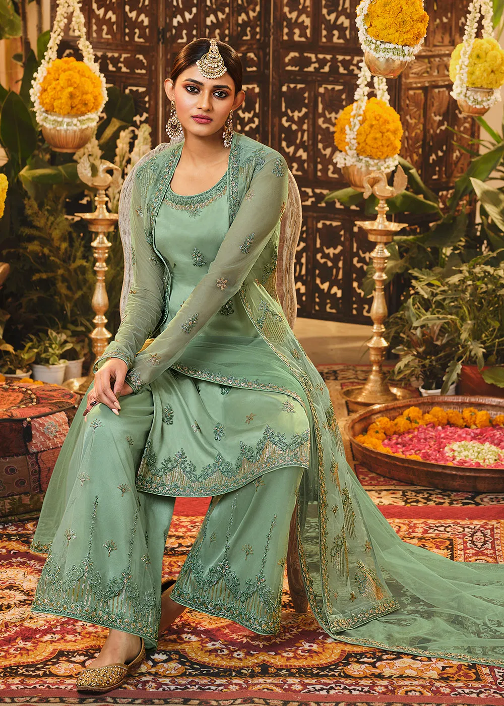 Beautiful Sea Green Embroidered Designer Jacket Style Suit