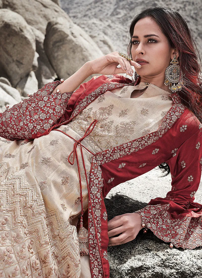 Beige And Red Jacket Style Anarkali Suit