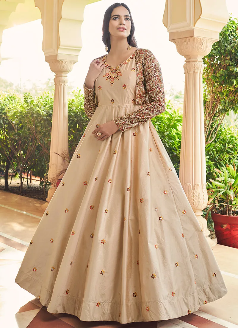 Beige Golden Sequence Embroidered Anarkali Gown With Jacket