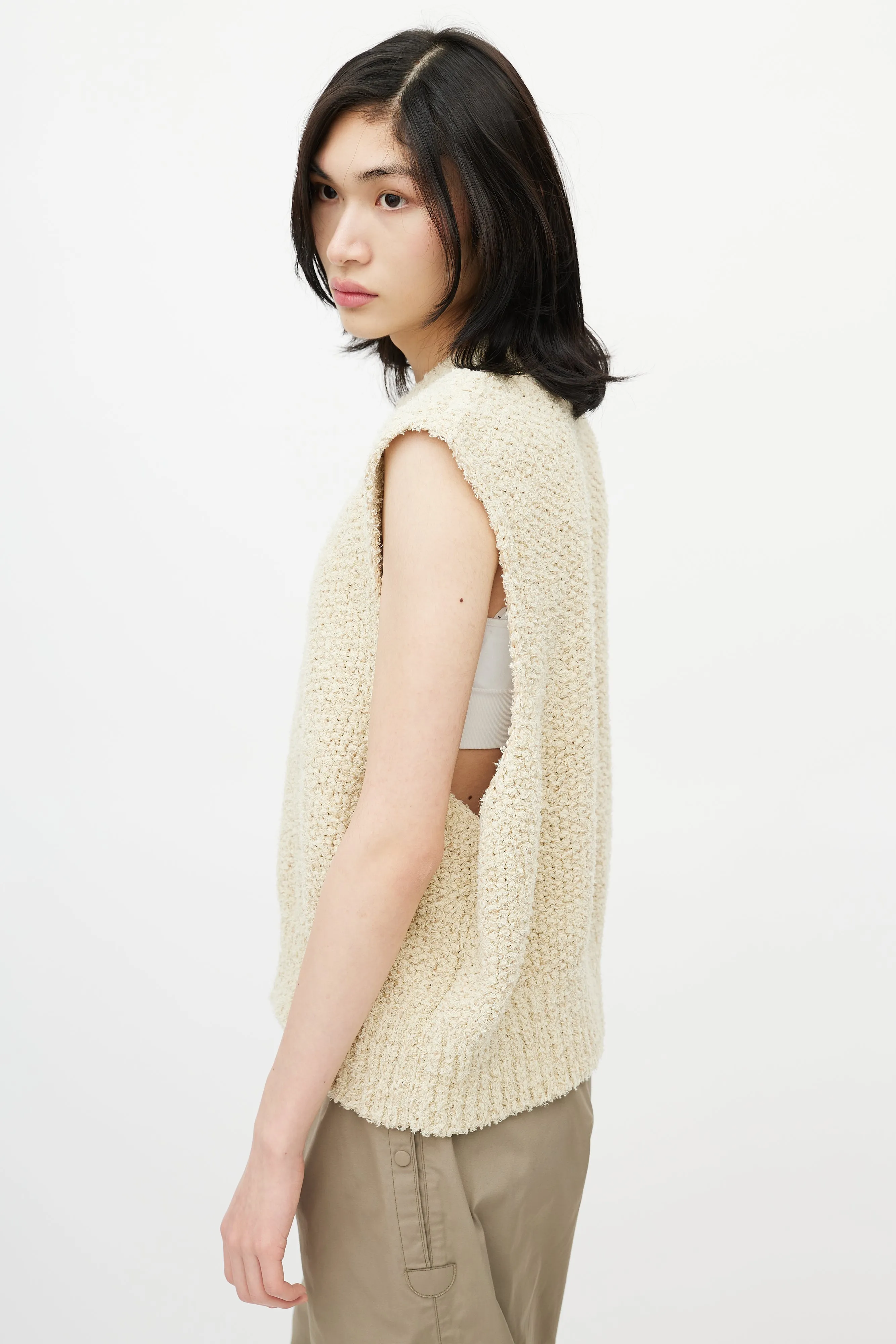 Beige Linen Tweed Sweater Vest