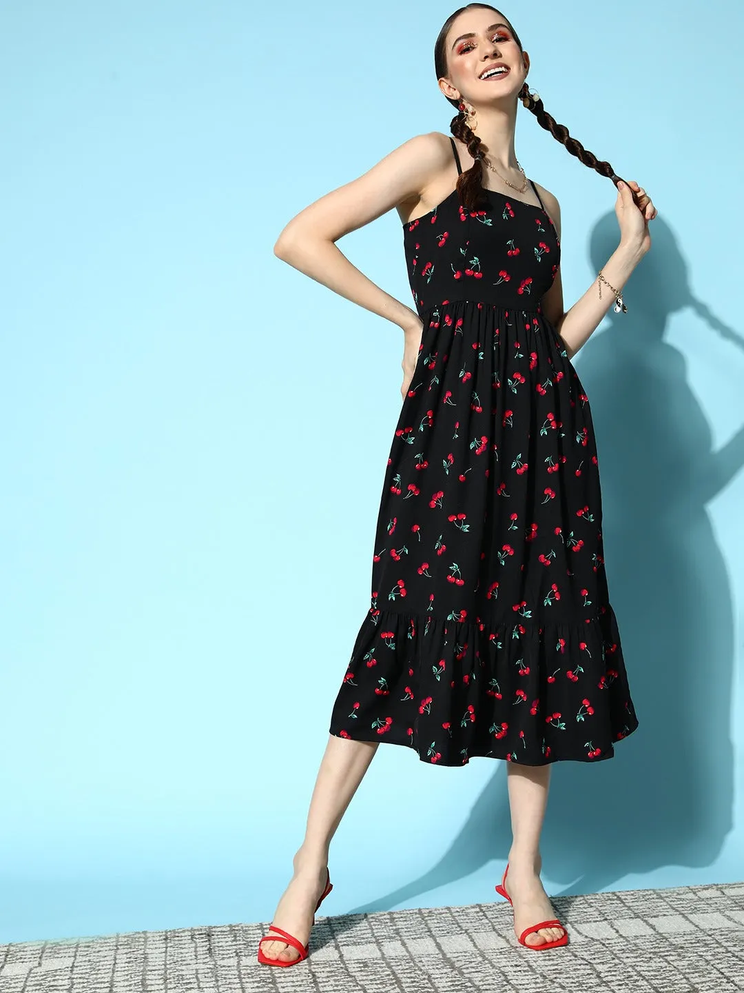 Berrylush Women Black & Red Cherry Printed Square Neck Sleeveless Flared A-Line Midi Dress