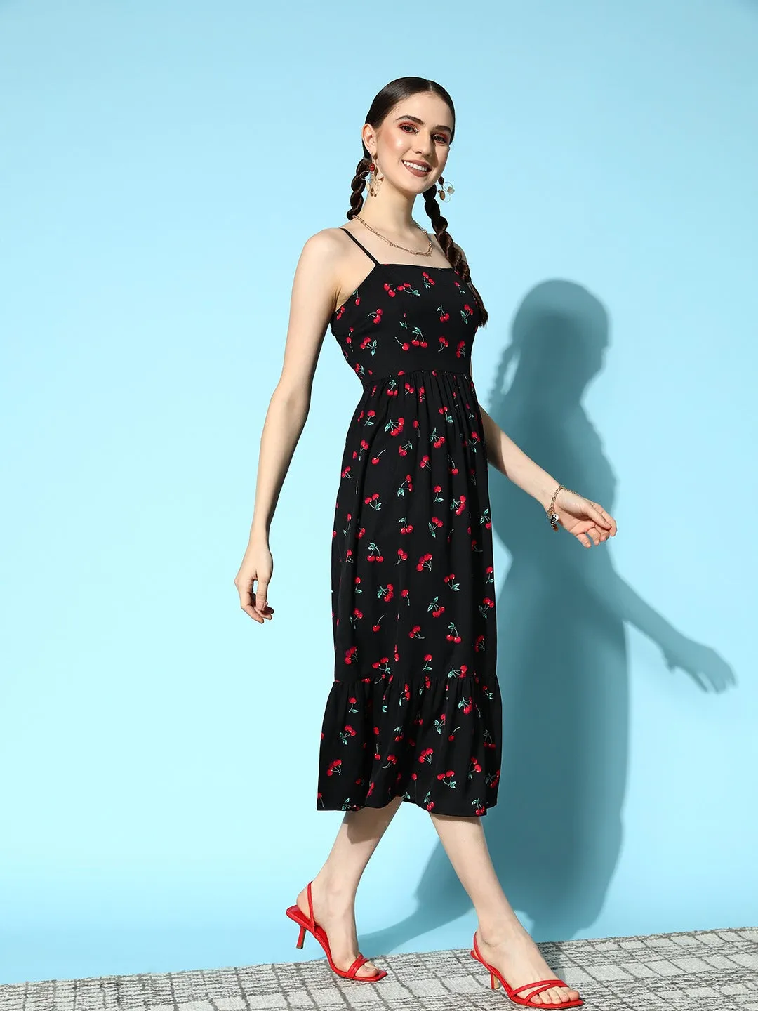 Berrylush Women Black & Red Cherry Printed Square Neck Sleeveless Flared A-Line Midi Dress