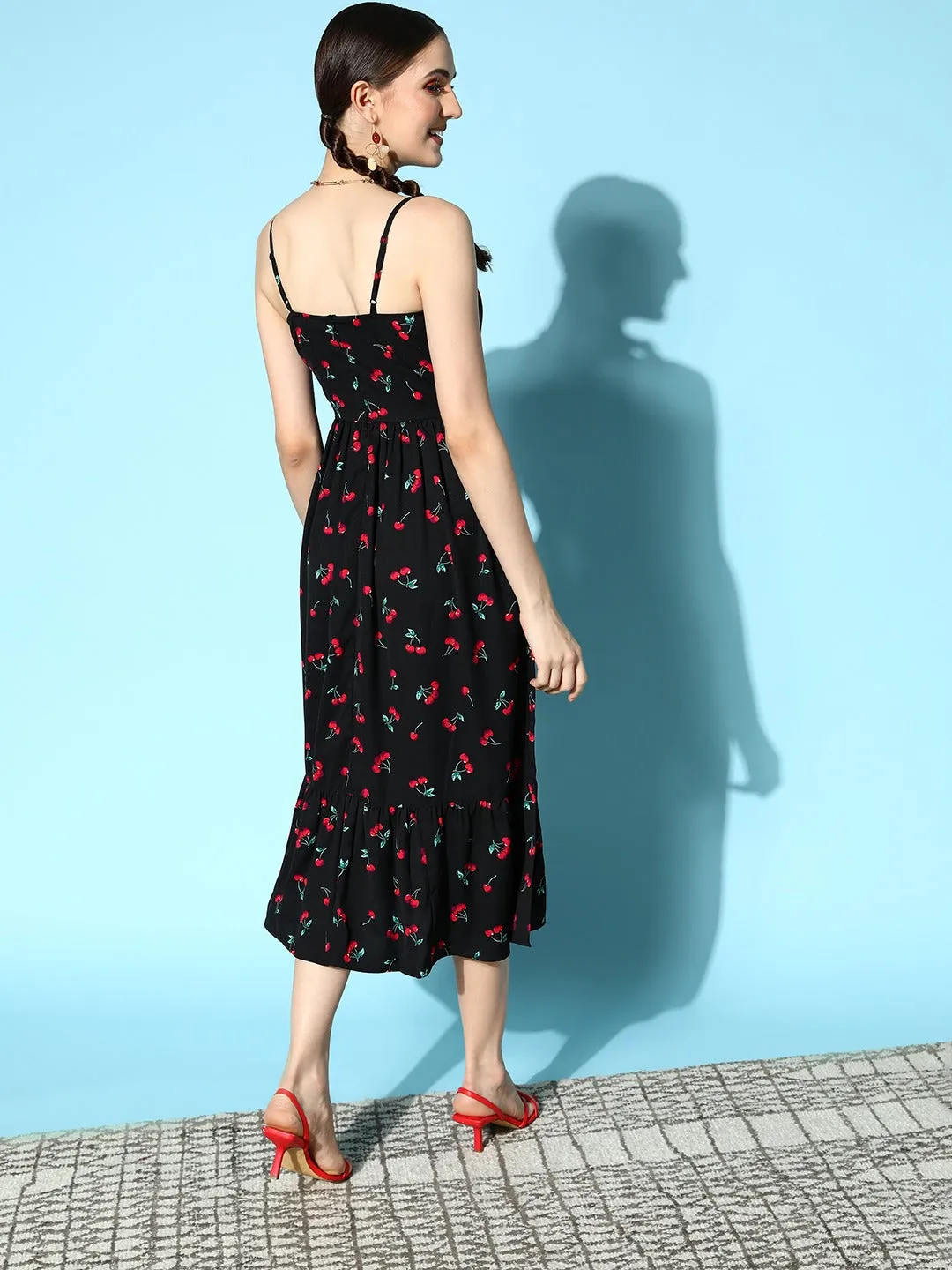 Berrylush Women Black & Red Cherry Printed Square Neck Sleeveless Flared A-Line Midi Dress