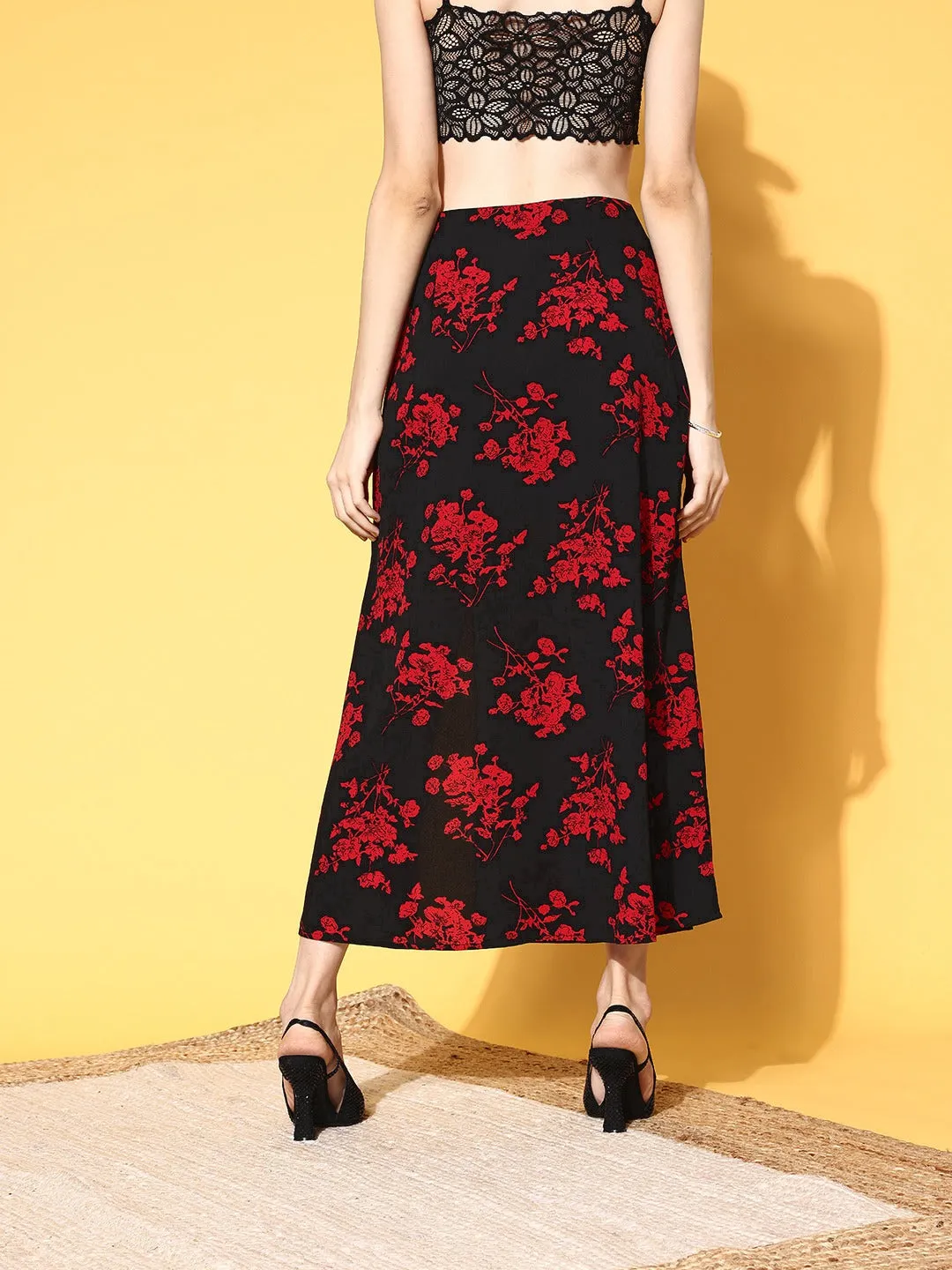 Berrylush Women Black & Red Floral Printed Thigh-High Slit Flared A-Line Midi Skirt