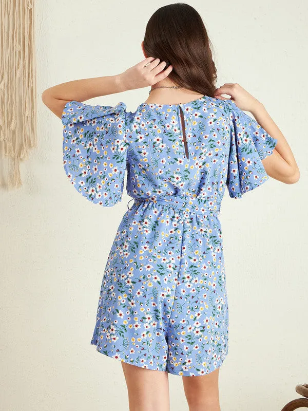 Berrylush Women Blue & White Floral Printed V-Neck Tie-Up Waist Keyhole Back Ruffled Mini Jumpsuit