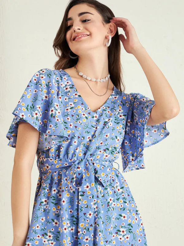 Berrylush Women Blue & White Floral Printed V-Neck Tie-Up Waist Keyhole Back Ruffled Mini Jumpsuit