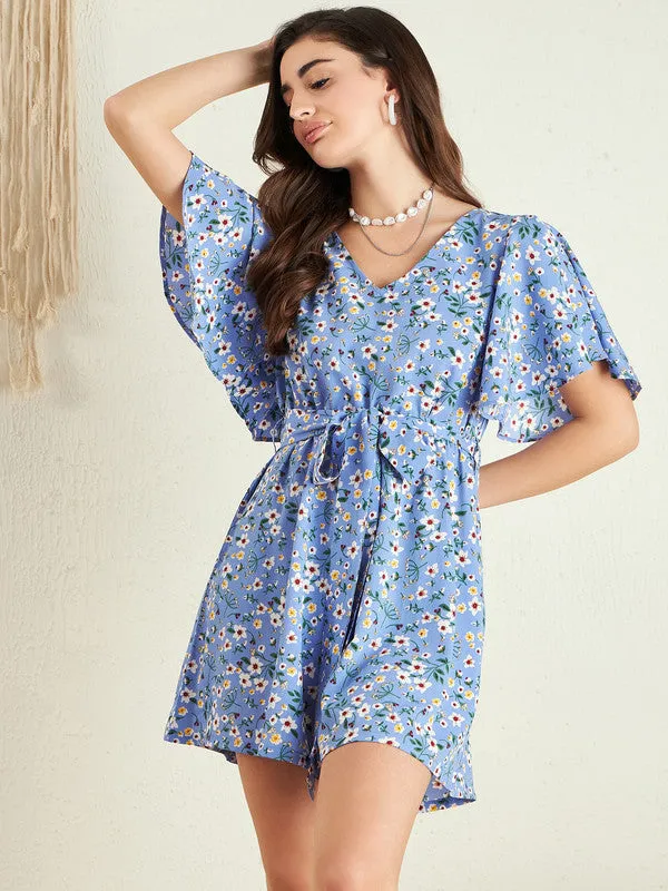 Berrylush Women Blue & White Floral Printed V-Neck Tie-Up Waist Keyhole Back Ruffled Mini Jumpsuit