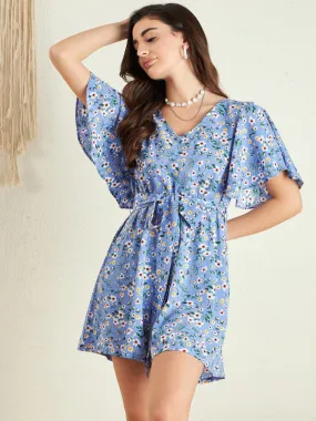 Berrylush Women Blue & White Floral Printed V-Neck Tie-Up Waist Keyhole Back Ruffled Mini Jumpsuit