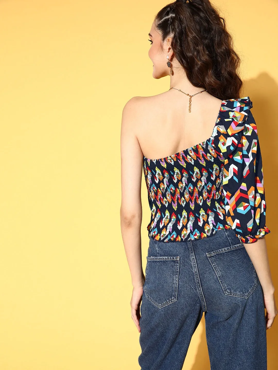 Berrylush Women Navy Blue & Multicolour Geometric Printed One-Shoulder Smocked Bohemian Top