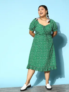 Berrylush Women Plus Size Green & White Floral Printed Sweetheart Neck Front Tie-Up Flounce Hem A-Line Midi Dress