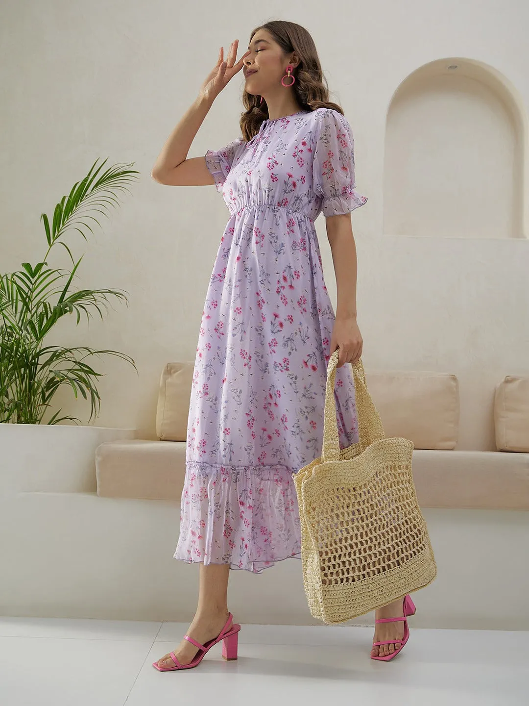 Berrylush Women Purple & Pink Floral Printed Tie-Up Neck Puff Sleeves Chiffon Pleated A-Line Midi Empire Dress