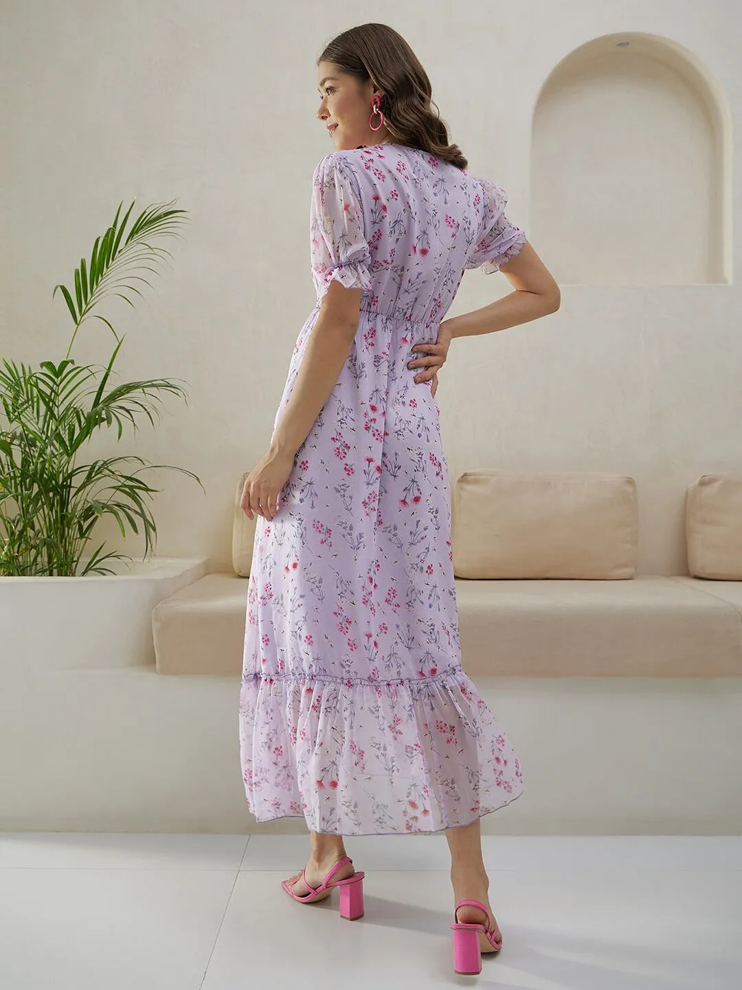 Berrylush Women Purple & Pink Floral Printed Tie-Up Neck Puff Sleeves Chiffon Pleated A-Line Midi Empire Dress