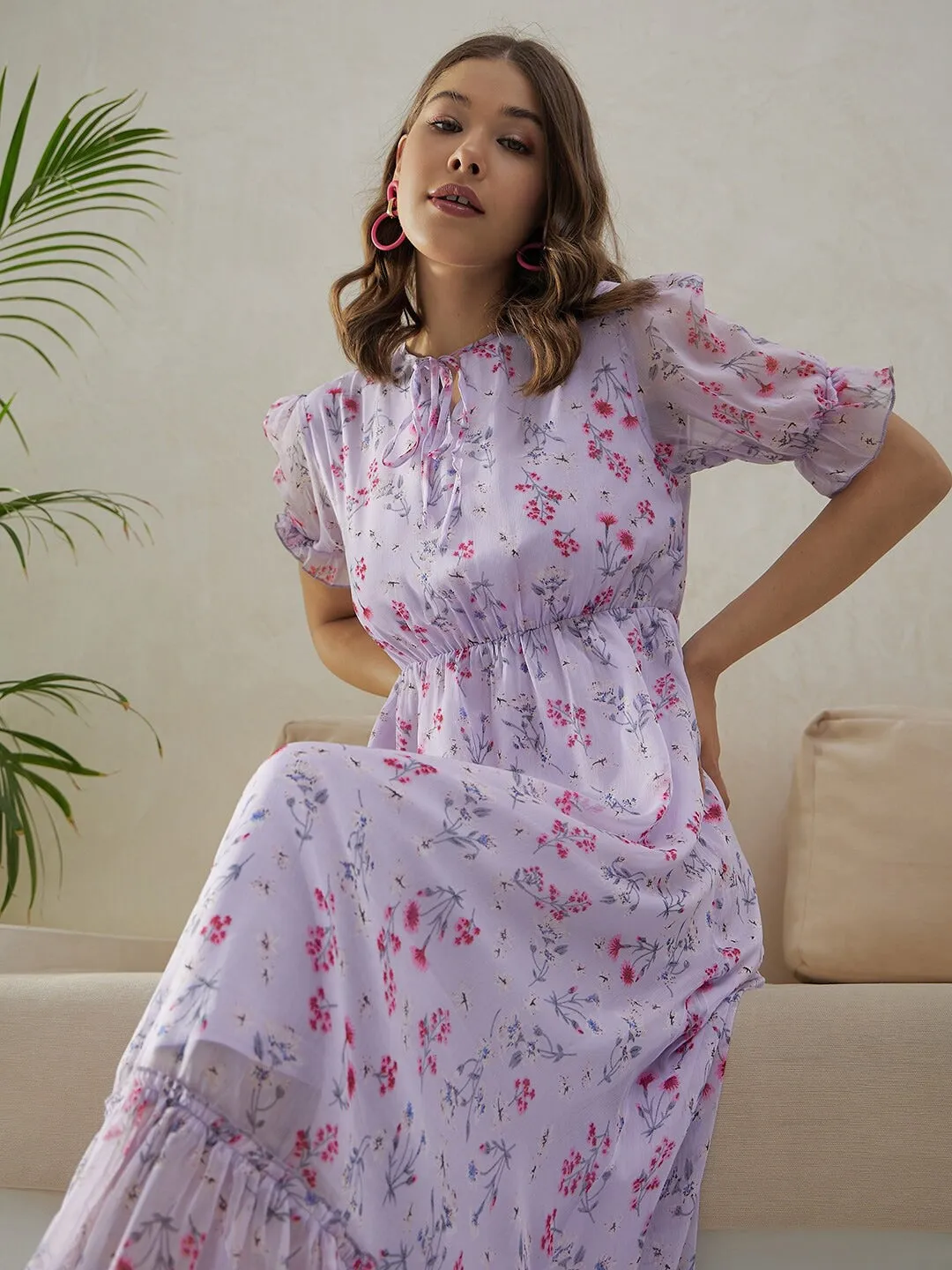 Berrylush Women Purple & Pink Floral Printed Tie-Up Neck Puff Sleeves Chiffon Pleated A-Line Midi Empire Dress