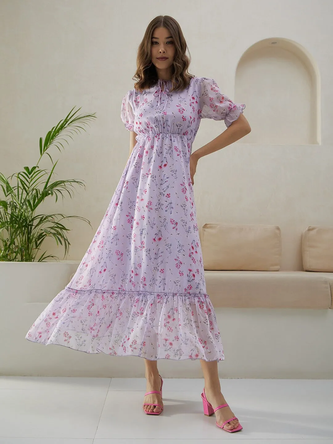 Berrylush Women Purple & Pink Floral Printed Tie-Up Neck Puff Sleeves Chiffon Pleated A-Line Midi Empire Dress