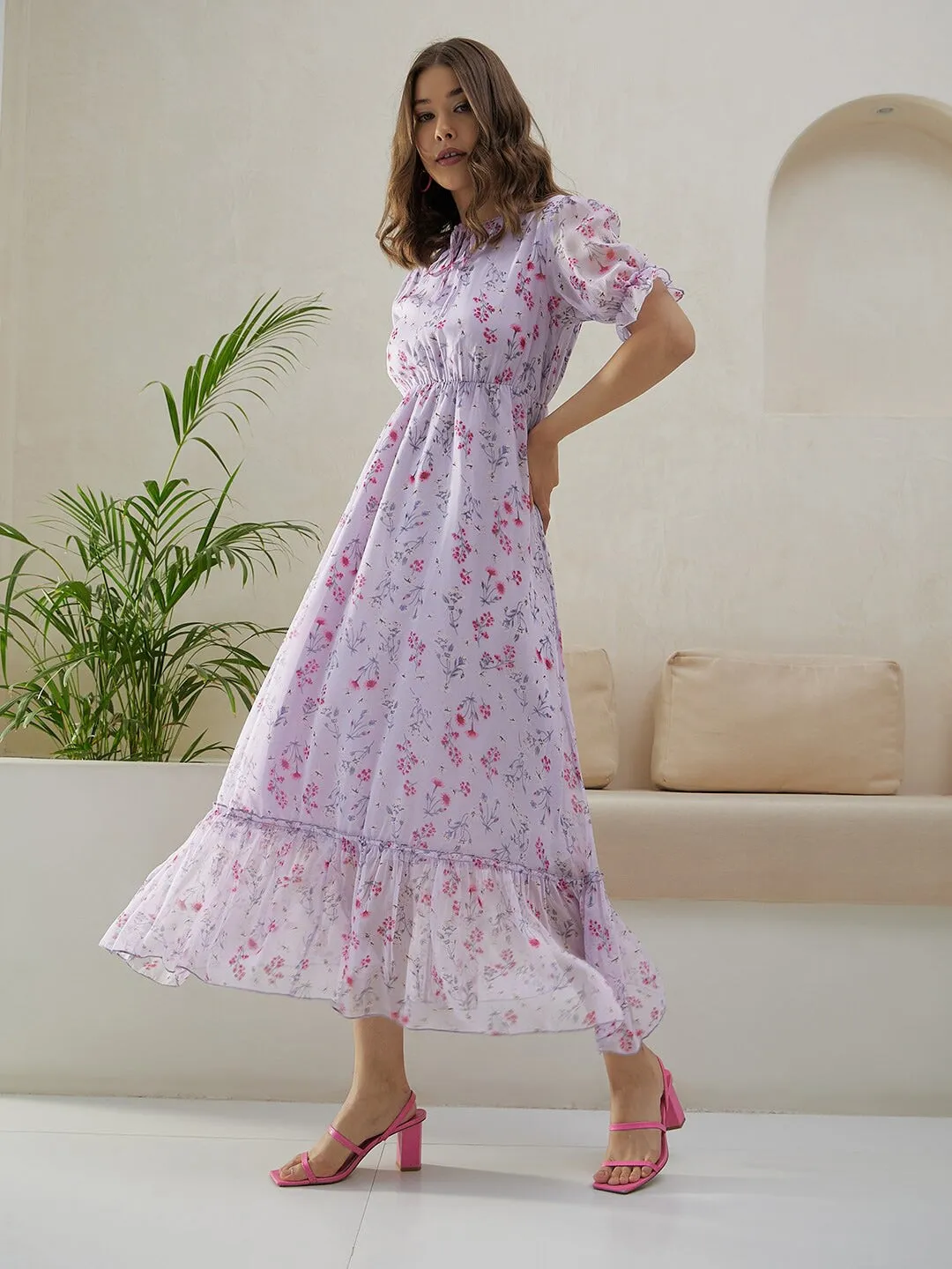 Berrylush Women Purple & Pink Floral Printed Tie-Up Neck Puff Sleeves Chiffon Pleated A-Line Midi Empire Dress