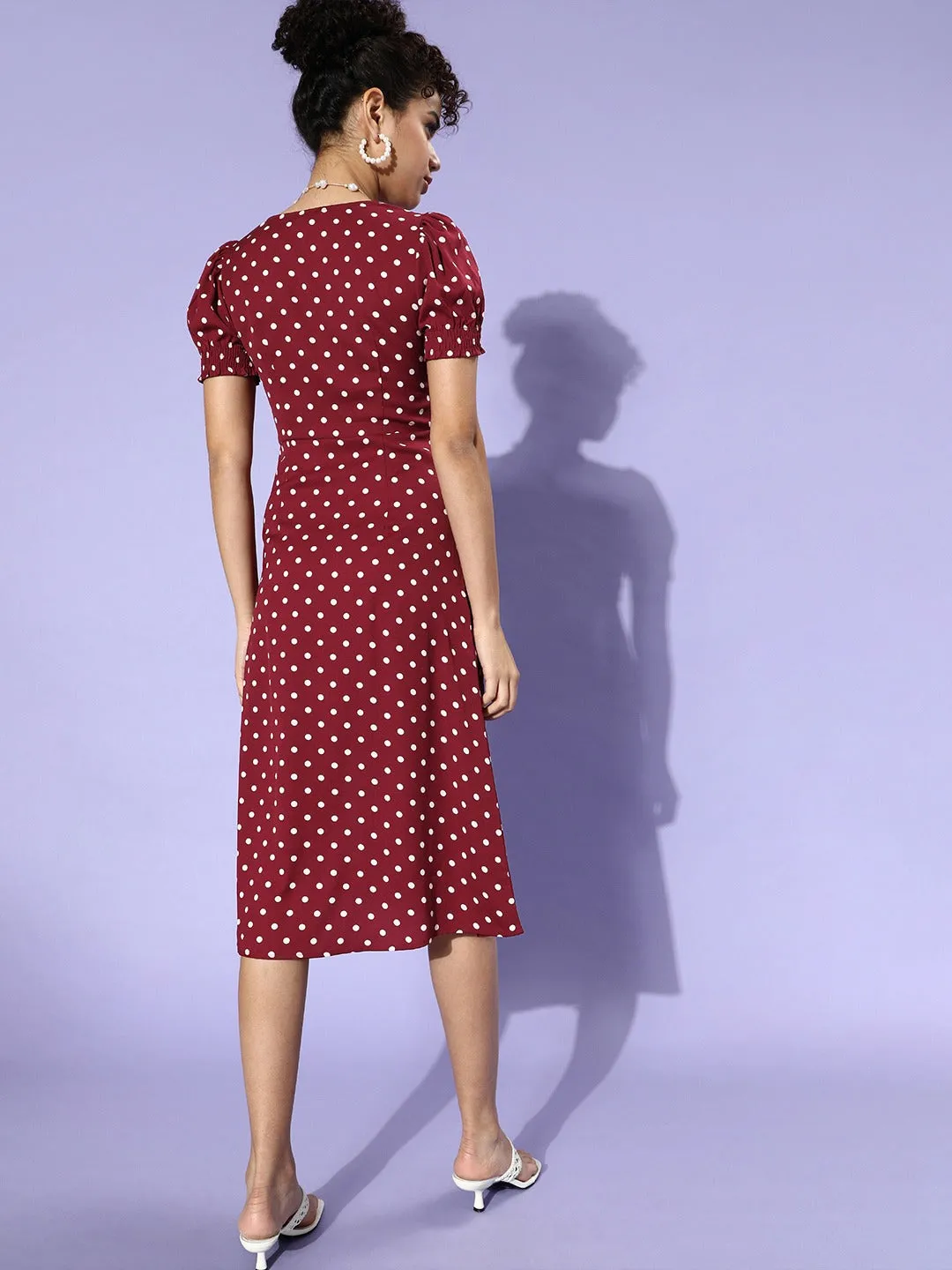 Berrylush Women Red Polka Dot Printed Sweetheart Neck A-Line Midi Dress