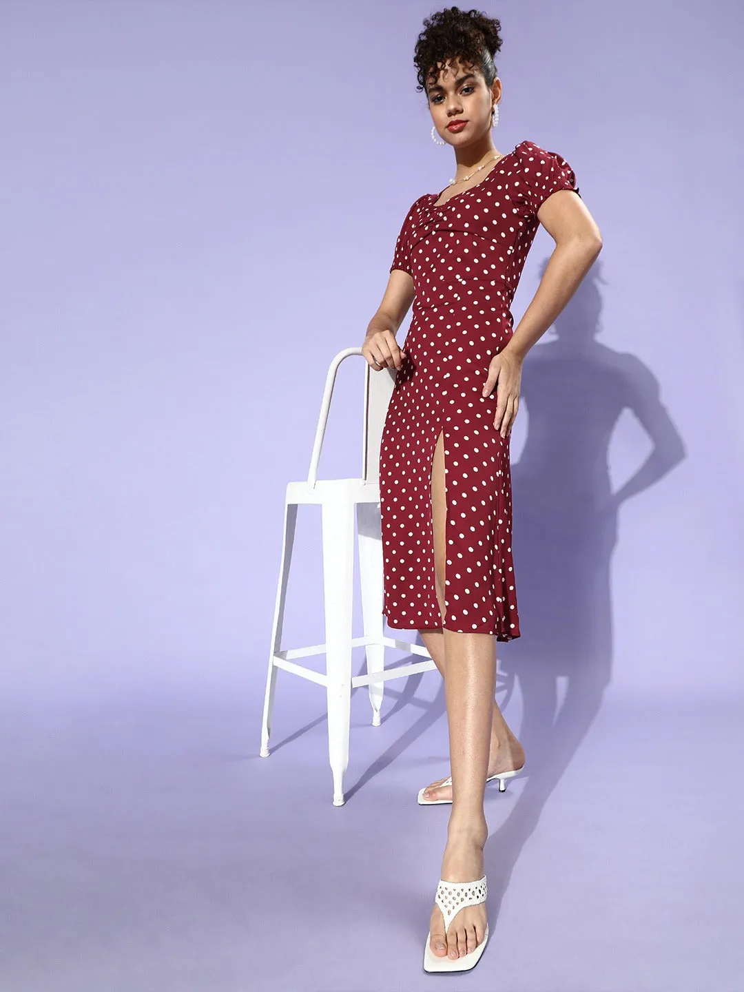 Berrylush Women Red Polka Dot Printed Sweetheart Neck A-Line Midi Dress